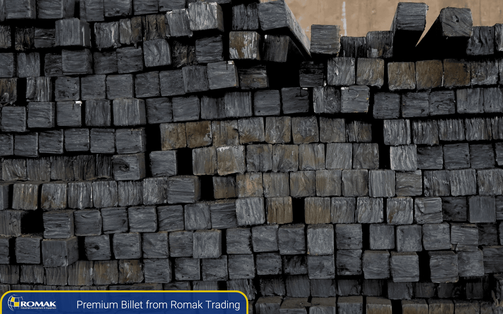 Stacked steel billets from leading Iran Billet producer, ready for international shipment by Romak Trading.