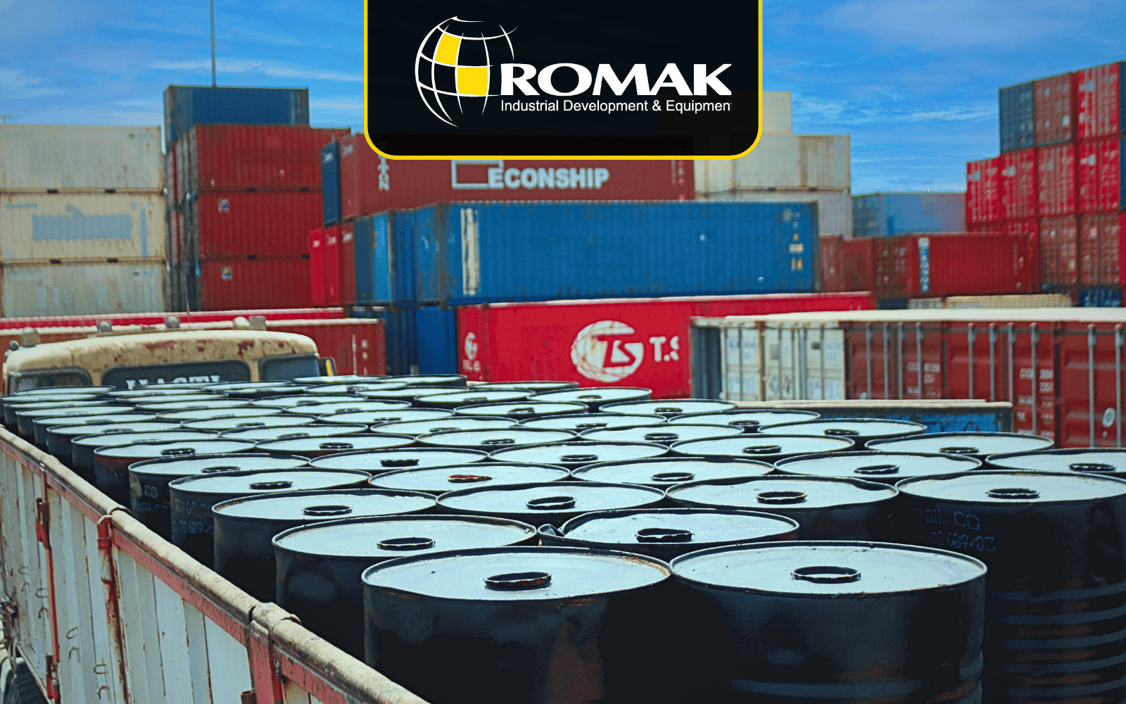 Romak Trading – Iran Bitumen Packaging Options Iran Bitumen in new steel drums ready for export by Romak Trading