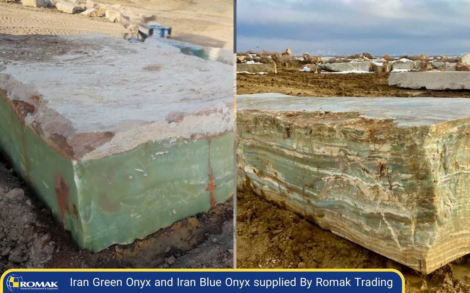 High-quality Iran green onyx & Iran blue onyx blocks supplied by Romak Trading High-quality Iran green AND blue onyx blocks prepared for export