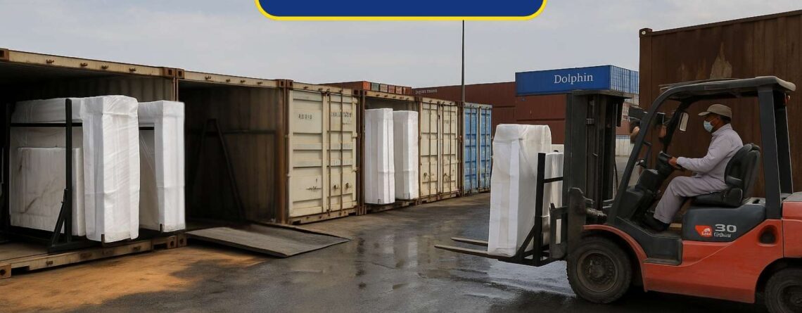 Shipping container loaded with polished Iran white onyx slabs ready for export