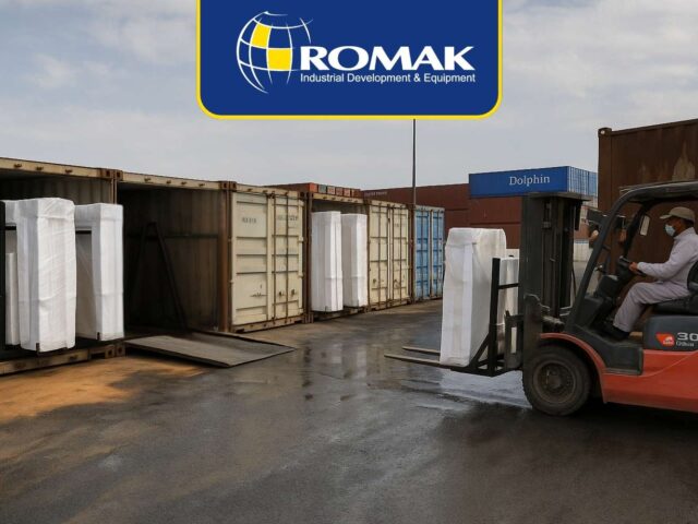 Shipping container loaded with polished Iran white onyx slabs ready for export