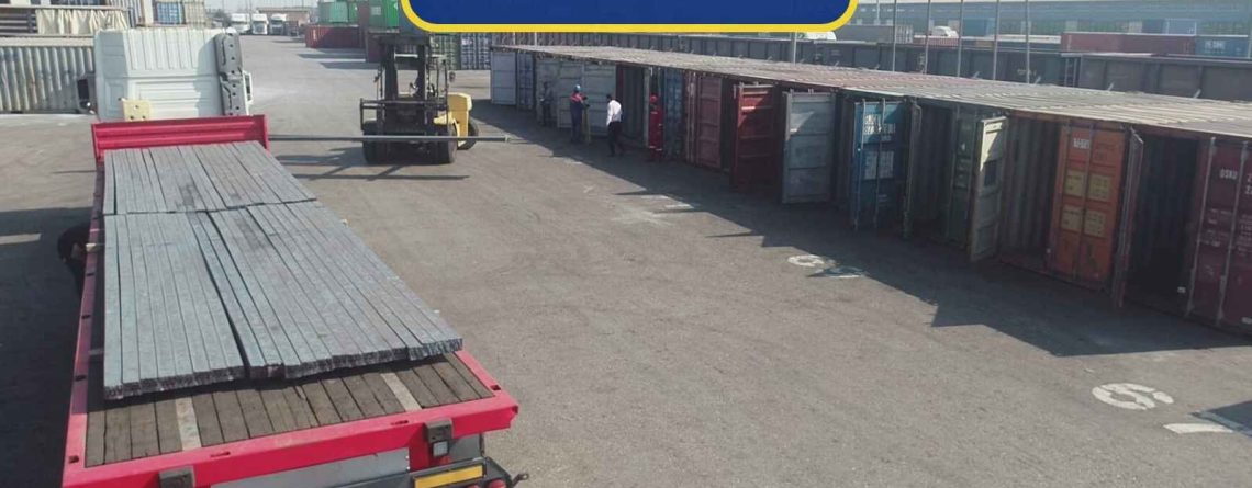Steel billets loaded on truck for international shipment – Romak Trading, Iran billet exporter in Asia with CFR delivery terms.
