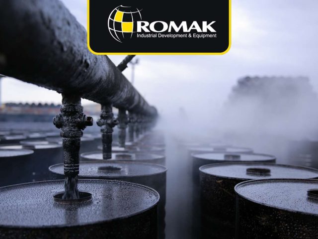 Romak Trading filling bitumen into new steel drums at a refinery, ensuring quality packaging and on-time supply for global Iran Bitumen Needs.